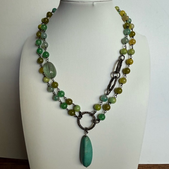 Vintage Rustic Elegant Green and Yellow Beaded Sterling Necklace - Picture 13 of 16